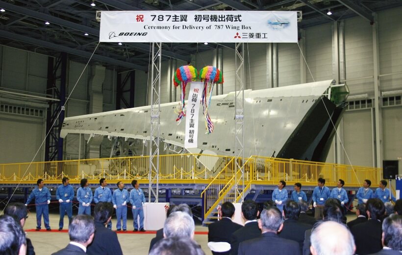 2007 年，在名古屋航空航天系統(tǒng)制造廠舉行了
波音787機型使用首架機翼出廠儀式
